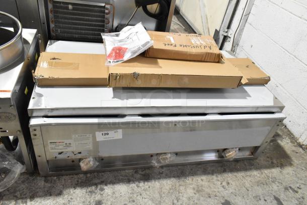 Brand new ServIt 423EST3WSPB stainless steel electric steam table, 2025 model, three-pan sealed well, 120V, 1 phase. Slight dent, labeled "120."