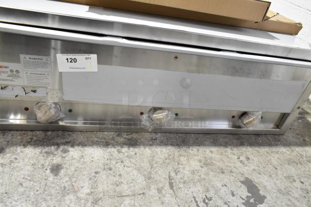 Brand new ServIt 423EST3WSPB stainless steel steam table, 2025 model. Features three pan sealed wells, 120V, 1 phase. Visible warning and auction labels.