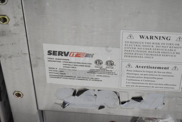 BRAND NEW ServIt 423EST3WSPB steam table, stainless steel, 3 pan, 120V, 1 phase, scratch and dent, ETL certified label shown.