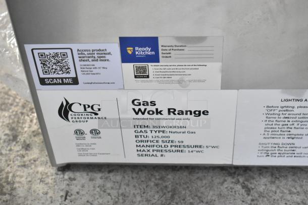 BRAND NEW SCRATCH AND DENT! Cooking Performance Group WOKR16N Natural Gas Wok Range, 16" Ring, 125,000 BTU, labels visible.