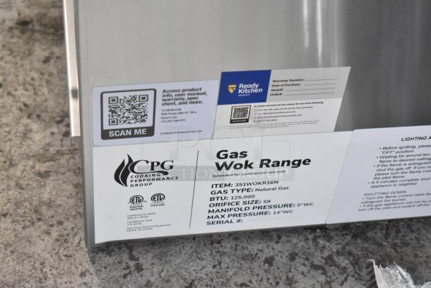 Brand new Cooking Performance Group WOKR16N natural gas wok range, 16" ring, 125,000 BTU, label details visible.