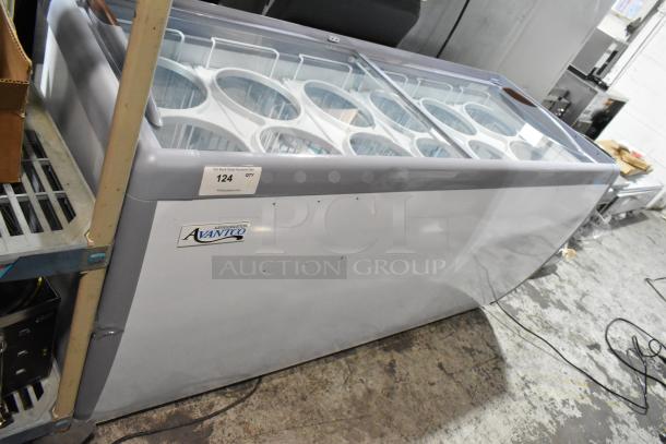 Brand new Avantco 360ADC12N 71" ice cream dipping cabinet, features metal construction, ice cream tub collars, 115V, 1 phase.