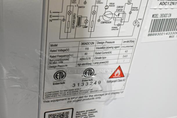 Label of Avantco 360ADC12N Ice Cream Dipping Cabinet showing model, voltage, frequency, refrigerant, and certifications.