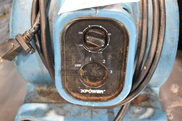Xpower P-230AT Blue Air Mover, 120V, 1 Phase, visible wear, power dial settings 0-180, brand labeling intact.