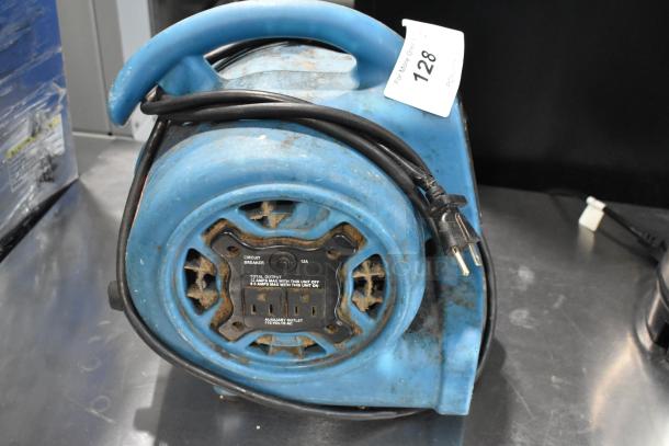 Xpower P-230AT blue air mover, 120 volts, 1 phase, visible wear. Power cord visible, tag indicates item number 128.