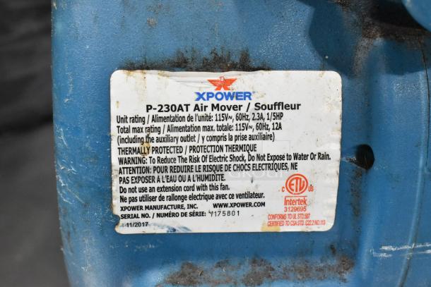 Xpower P-230AT blue air mover with label showing 115V, 60Hz, 2.3A, 1/5HP. Thermally protected. Used condition.