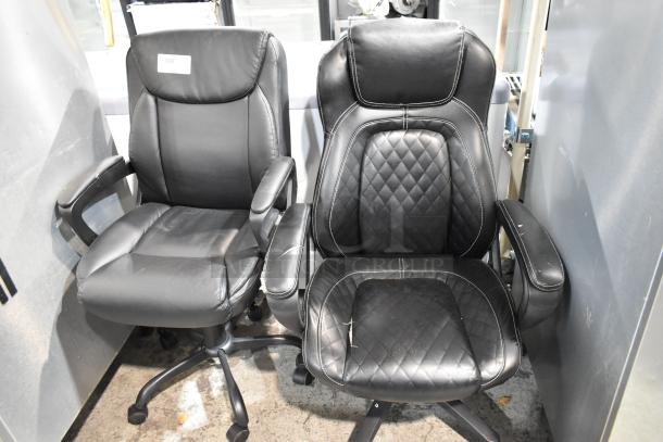 Two black office chairs on casters, showing wear. Right chair features diamond-pattern stitching. Left chair has tag "130".