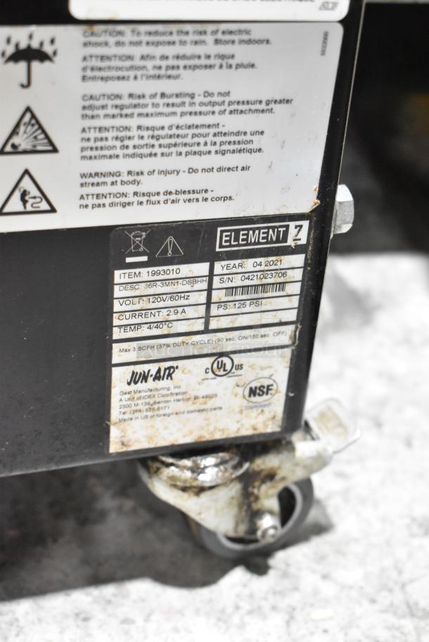 2021 Jun-Air 86R-3MN1-DSBHH nitrogen generator, stainless steel, on commercial casters, 120 volts, 1 phase.