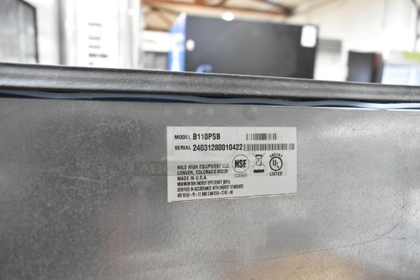 2024 Ice-O-Matic B110PSB stainless steel ice bin, NSF and UL listed, serial 24031280010422, made in the USA.
