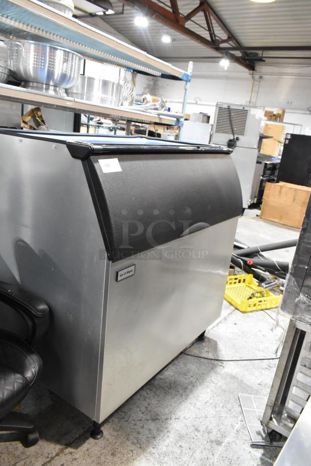 2024 Ice-O-Matic B110PSB stainless steel commercial ice bin, excellent condition, labeled with Ice-O-Matic logo.