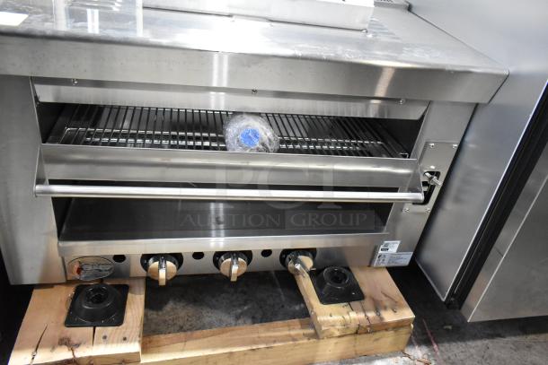 Brand new 2025 Cooking Performance Group CPG S-36-SB-N 34" stainless steel salamander broiler, 36,000 BTU, visible tags.