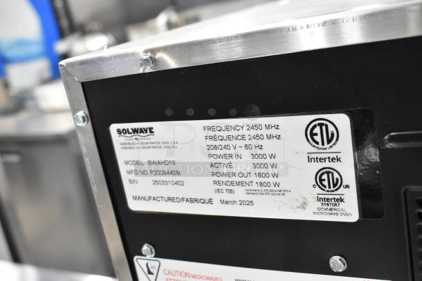 BRAND NEW Solwave SWAHD18 commercial microwave, stainless steel, 208/240V, 3000W, ETL listed, manufactured March 2025.
