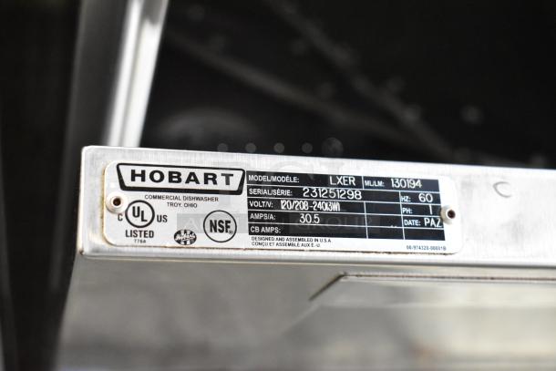 2023 Hobart LXER stainless steel commercial undercounter dishwasher, 120/208-240V, 1 phase, model number plate visible.