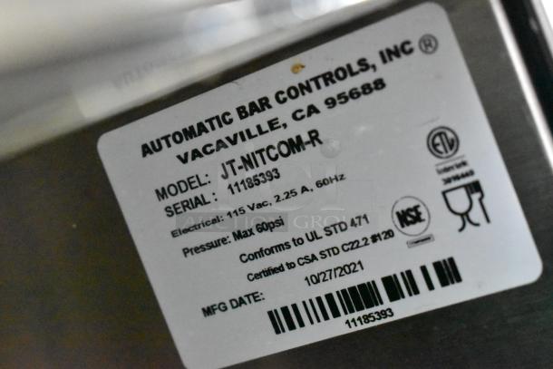 2021 Automatic Bar Controls JT-NITCOM-R stainless steel cold brew nitro dispenser, 115 volts, 1 phase. Model and serial labels visible.