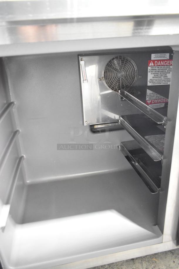 2018 Delfield UC4048P-STAR stainless steel undercounter cooler, 2 doors, 115 volts, interior view, good condition.