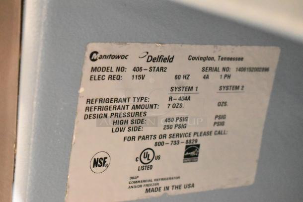 Delfield 406-STAR2 stainless steel undercounter cooler label, indicating 115V, 1 phase, R-404A refrigerant, NSF certified.