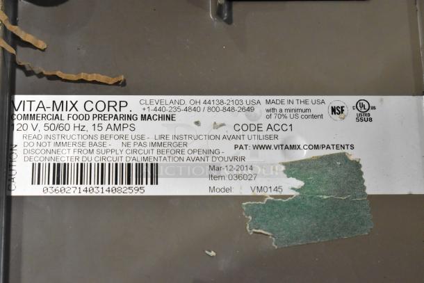 Vita-Mix VM0145 metal countertop blender base label, showing 120V, 1 phase specs, manufacturer's info, and model number.