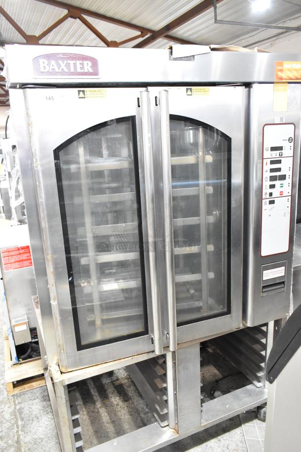 Baxter stainless steel commercial electric mini rotating rack oven on double pan rack, dual glass doors, digital controls.