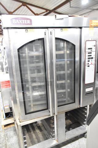 Baxter stainless steel commercial electric mini rotating rack oven on double pan rack, dual glass doors, digital controls.