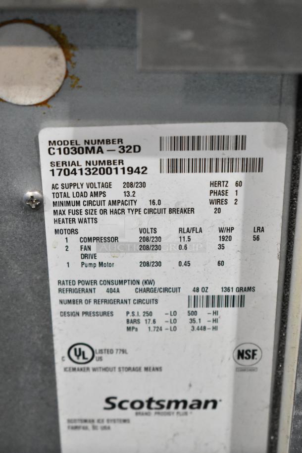 2017 Scotsman C1030MA-32D ice head label, stainless steel, 208/230V, 1 phase, serial number 17041320011942, NSF certified.