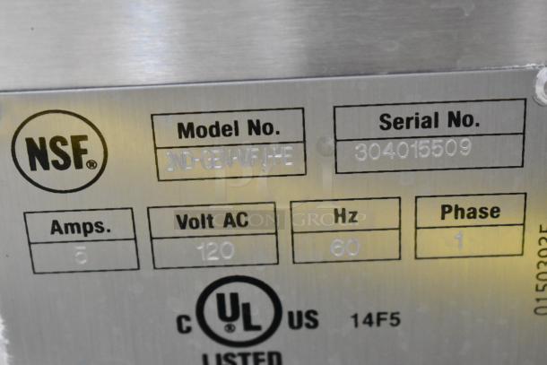 NSF and UL listed label of JBT 2ND-GEN-MFJ-HE citrus juicer, showing model, serial number, 120V, 60Hz, 5 Amp, 1 Phase.