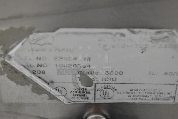Duke Aerohot EP304 steam table label showing model, serial number, 208V, 3000 watts. Marked for commercial use and UL classified.