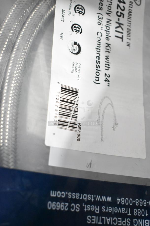 T&S B-0425-KIT Inlet Supply Nipple Kit, 24" hose, new condition, CSA certified, with barcode and manufacturer details visible.