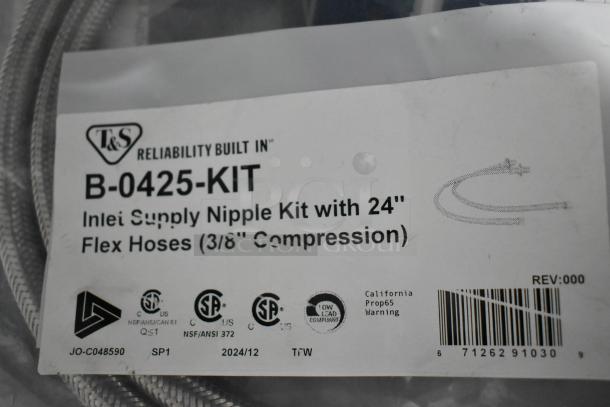 T&S B-0425-KIT Inlet Supply Nipple Kit with 24" flex hoses, 3/8" compression, in new condition with safety certifications.