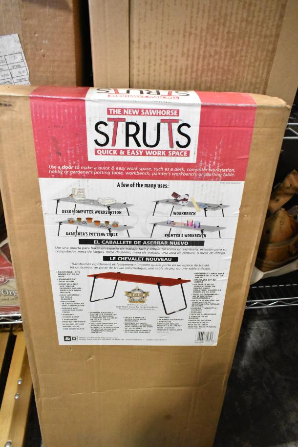 Struts Sawhorse in box, labeled for various work uses like desk or workbench. Includes description in multiple languages.