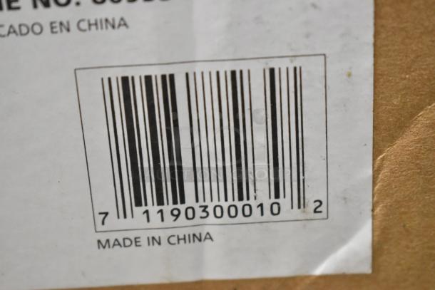 Barcode label "Made in China" on cardboard packaging.