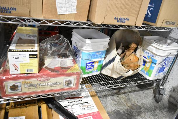 ALL ONE MONEY! tier lot with ladder dolly, Pro Rolling Tool Organizer in box, toilet pipe extender, various storage items.