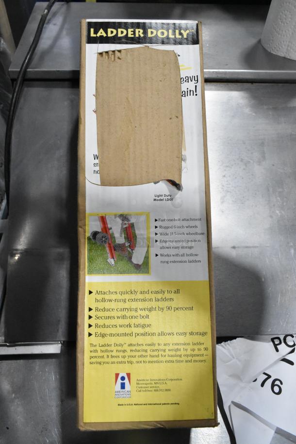 Ladder Dolly box with instructions visible. Features include fast attachment, rugged wheels, and easy storage. Model LDD1. Made by American Innovations Corporation.