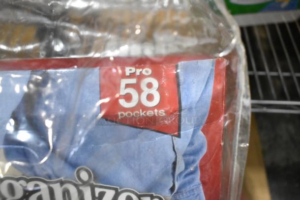 Alt text: Pro 58 pockets label on a packaged rolling tool organizer. Clear packaging shows text and partial item view.