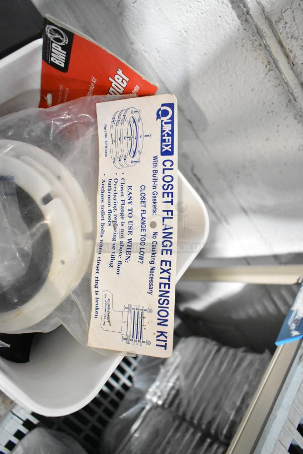 Quik-Fix Closet Flange Extension Kit with built-in gaskets, part number CFF45000, visible among various items.