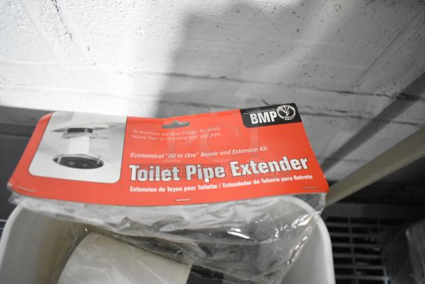 BMP Toilet Pipe Extender in packaging, "All in One" repair kit to reinforce floor flange or extend pipe, with multilingual text.