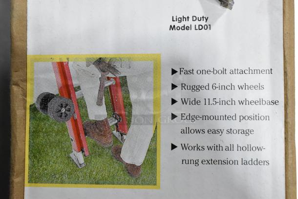 Alt text: Light Duty Model LD01 Ladder Dolly packaging showing features: fast attachment, rugged 6-inch wheels, 11.5-inch wheelbase.