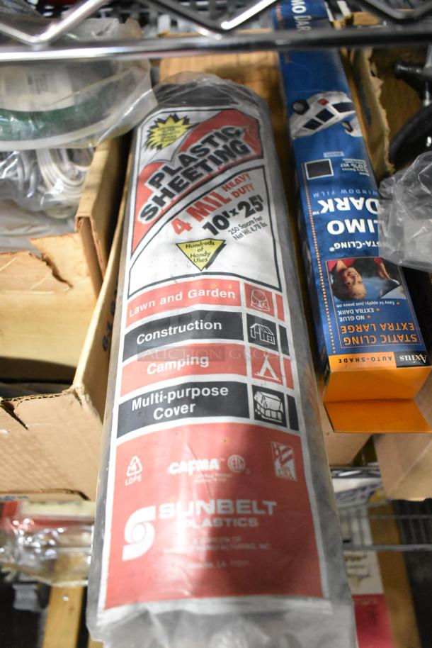 "Sunbelt Plastics 4 Mil Plastic Sheeting roll, 10'x25', heavy duty, multi-purpose, construction, lawn, camping use."