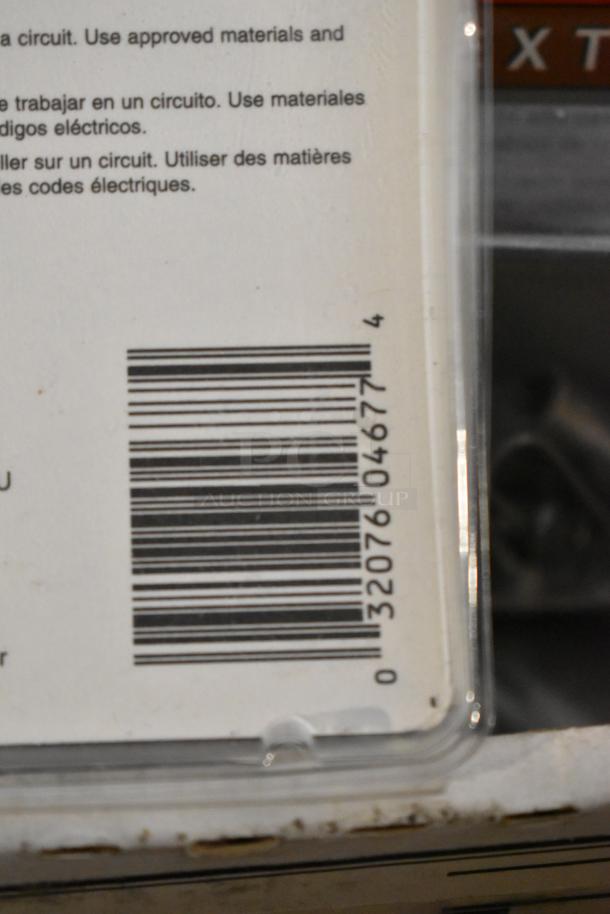 Close-up of a barcode on packaging. Text includes multilingual instructions for electrical circuit materials.