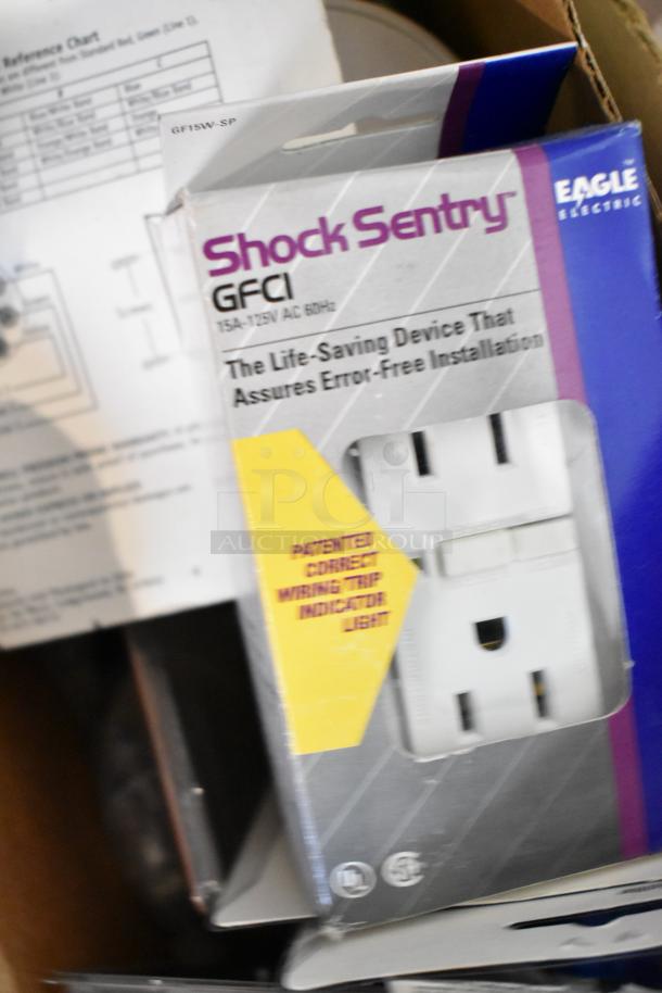Alt text: Shock Sentry GFCI outlet in box, featuring patented wiring trip indicator; includes installation instructions nearby.