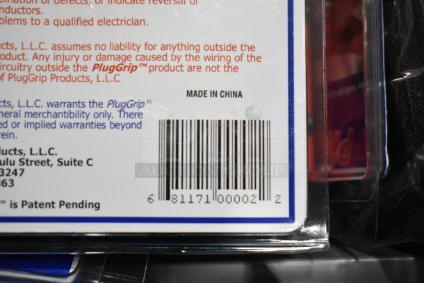 Barcode and text from packaging of PlugGrip product, reads "Made in China," includes warranty and liability details.