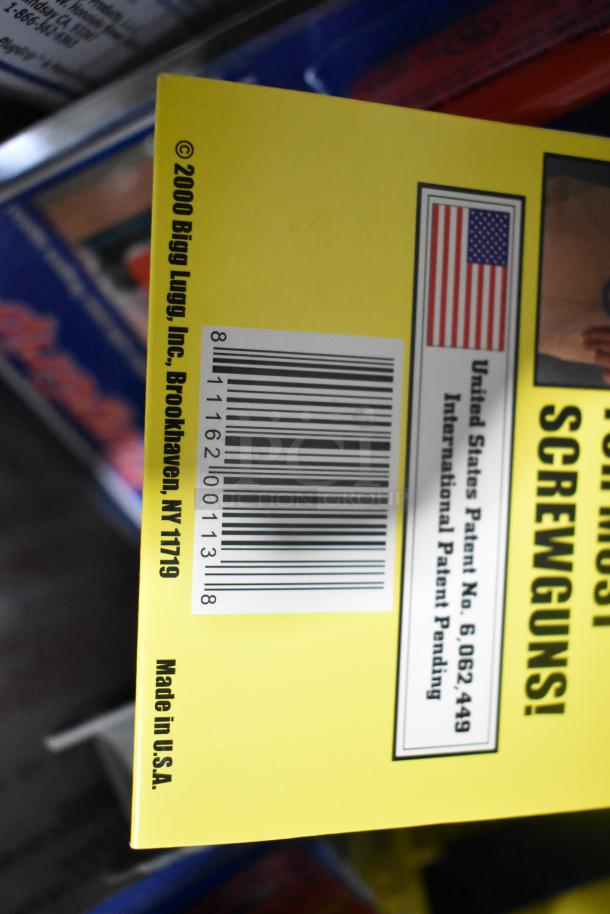 Yellow packaging for Bigg Lugg product with barcode, patent info, and "Made in U.S.A." marking.