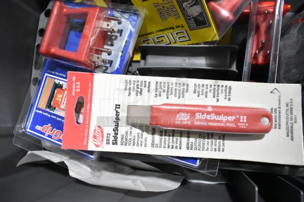 Auction lot with Tru Rubber Extension Cord, gray poly toolbox, Malco SideSwiper II siding removal tool. New condition.