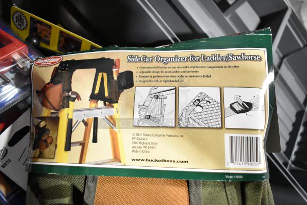 Auction lot featuring Tru Rubber Extension Cord, gray poly toolbox, and SideCar Organizer for ladder/sawhorse with label.