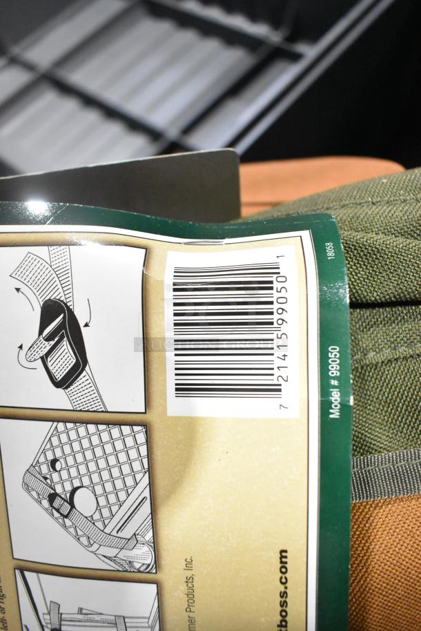 Barcode label showing Model #99050 on green fabric. Instructions for strap use depicted. Item condition unspecified.