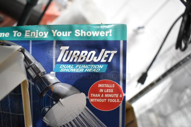 TurboJet dual function shower head packaging, emphasizes easy installation in less than a minute without tools.