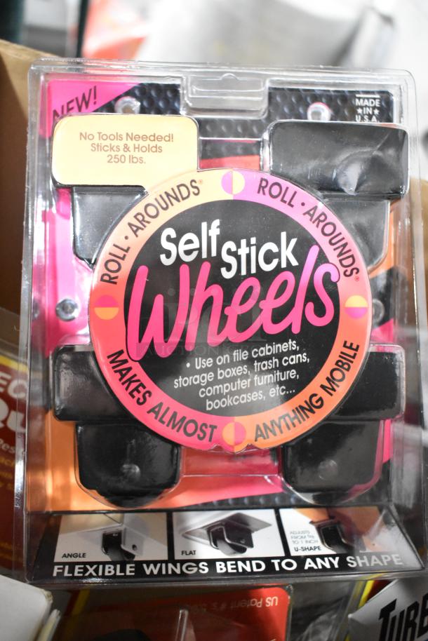 Packaging for Self Stick Wheels, claims no tools needed, sticks and holds up to 250 lbs. Suitable for various furniture types.