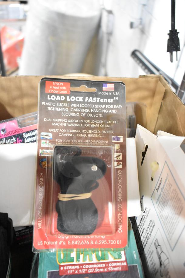 Auction items including Load Lock FASTener, Tru Rubber Extension Cord, Gray Poly Tool Box, new condition.