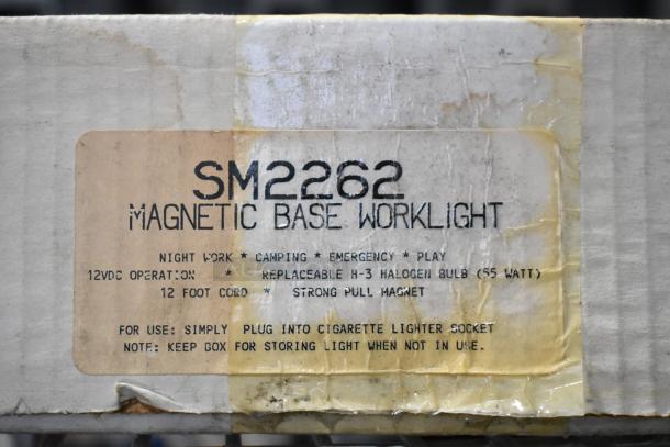SM2262 Magnetic Base Worklight label, 12VDC, 55W, 12 ft cord, strong pull magnet, new condition. Box for light storage.