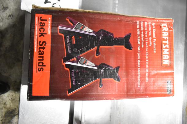 Craftsman 3-ton jack stands in original packaging, features include adjustable lift height from 11 to 16.3 inches, durable welded base.