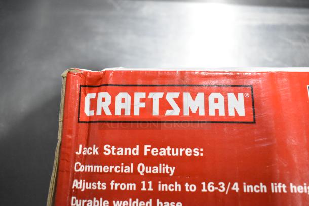 Craftsman jack stand box, commercial quality, adjustable 11-16.75 inches, durable welded base. Red packaging.